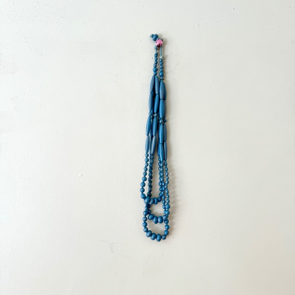 Vintage Beaded 3 Tiered Necklace Blue Wooden Wood Beads Retro
